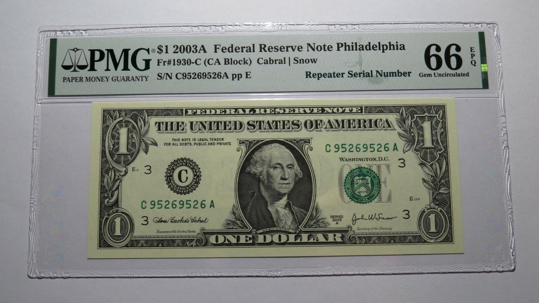 $1 2003 Repeater Serial Number Federal Reserve Currency Bank Note Bill PMG UNC66