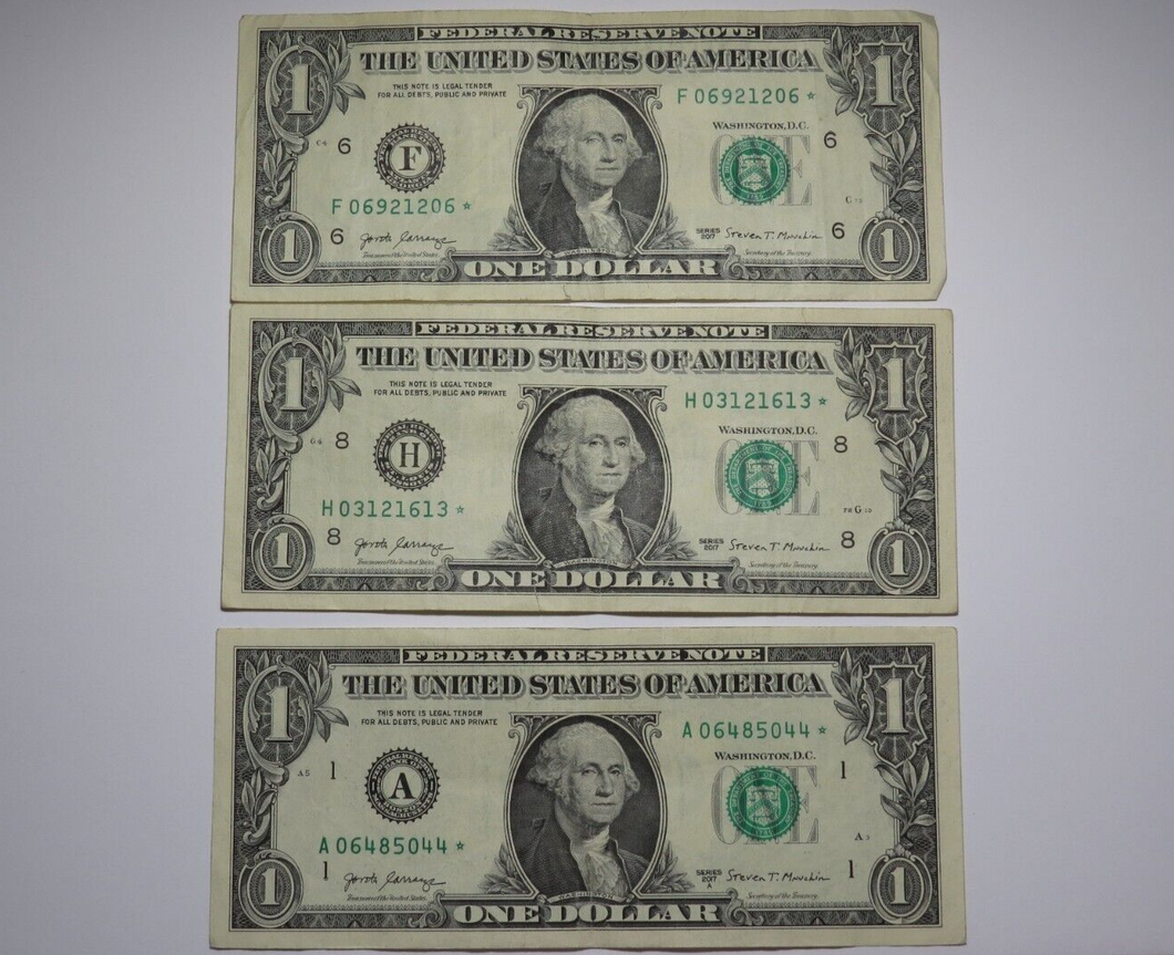 3 $1 2017 Federal Reserve Bank Star Notes Average Circulated Condition!