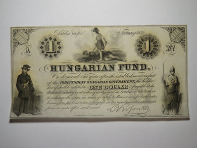 $1 1852 New York NY Obsolete Currency Bank Note Bill! Hungarian Fund CU+++