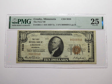 $10 1929 Crosby Minnesota MN National Currency Bank Note Bill Ch. #9838 VF25 PMG
