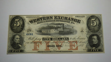 $5 1857 Omaha City Nebraska NE Obsolete Currency Bank Note Bill! CU+ Condition!