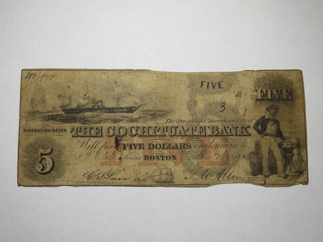 $5 1852 Boston Massachusetts MA Obsolete Currency Bank Note Bill Cochituate Bank