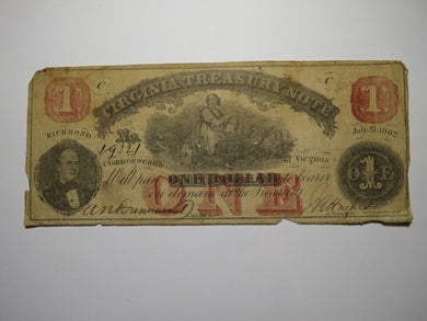 $1 1862 Richmond Virginia VA Obsolete Currency Treasury Bank Note Bill