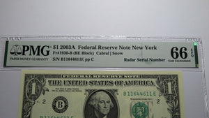 $1 2003 Radar Serial Number Federal Reserve Currency Bank Note Bill PMG UNC66EPQ