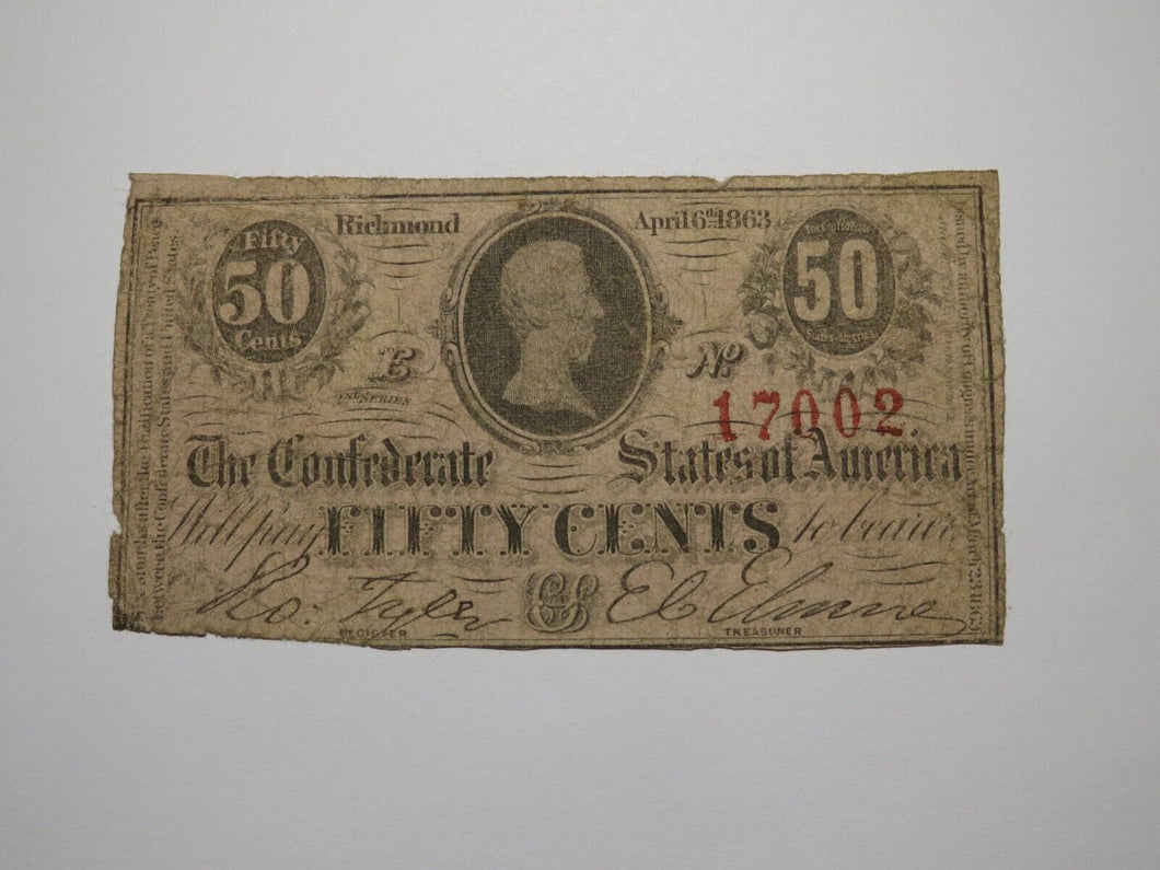 $.50 1863 Richmond Virginia VA Confederate Currency Bank Note Bill RARE T63
