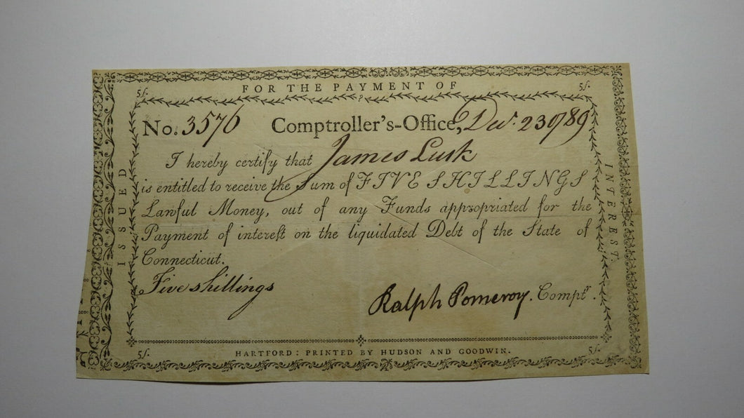 1789 5s Connecticut Comptroller's Office Colonial Currency Note Ralph Pomeroy
