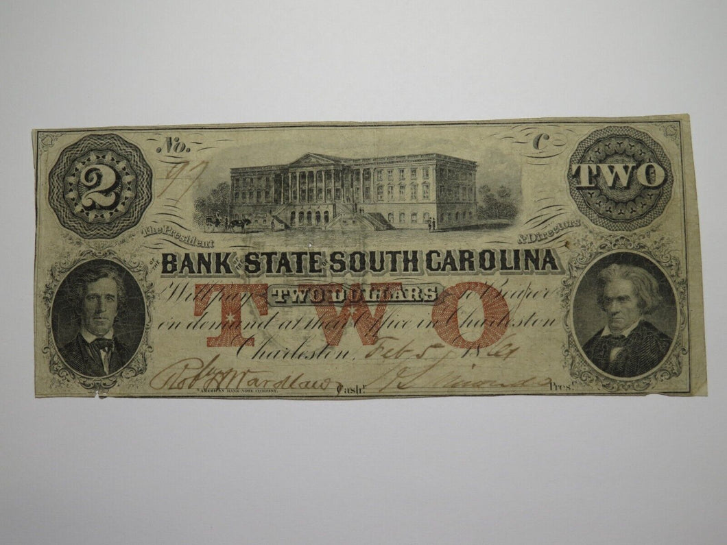 $2 1861 Charleston South Carolina SC Obsolete Currency Bank Note Bill Bank of SC