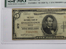 Load image into Gallery viewer, $5 1929 Knightstown Indiana IN National Currency Bank Note Bill Ch #872 VF20 PMG
