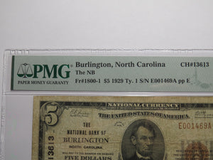 $5 1929 Burlington North Carolina National Currency Bank Note Bill Ch #13613 F15
