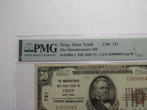 $50 1929 Troy New York NY National Currency Bank Note Bill Ch. #721 VF25 PMG