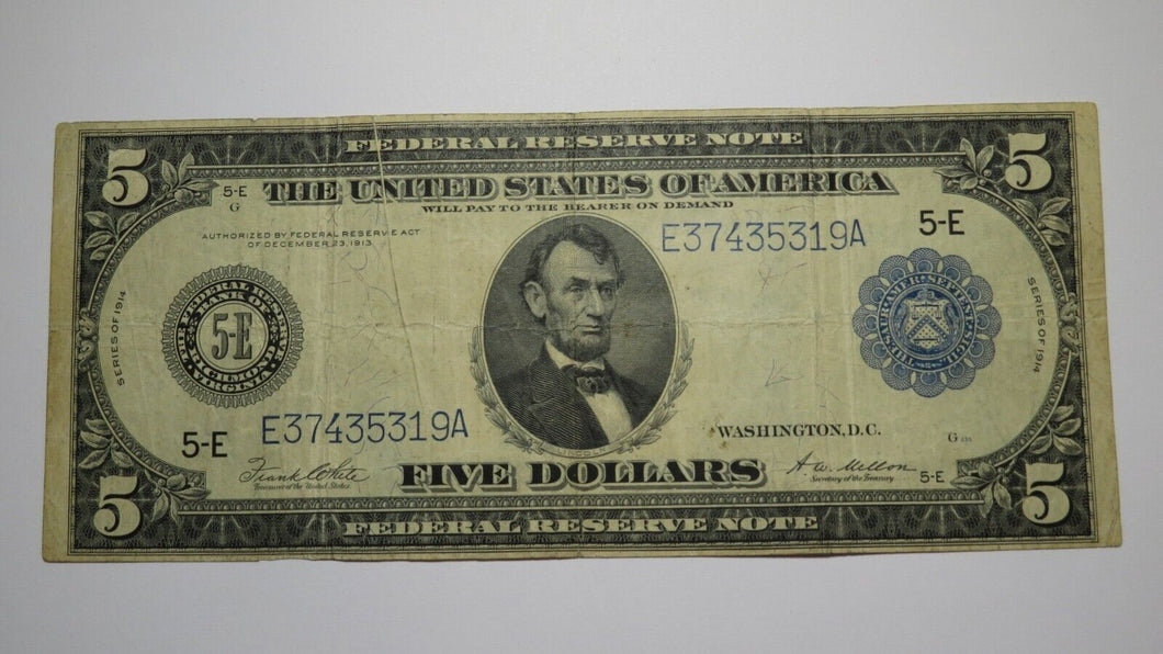 $5 1914 Richmond VA Federal Reserve Gutter Fold Error Large Bank Note Bill VF