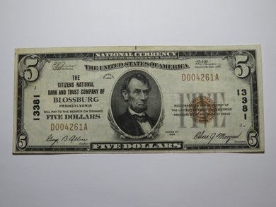 $5 1929 Blossburg Pennsylvania PA National Currency Bank Note Bill Ch. #13381 VF
