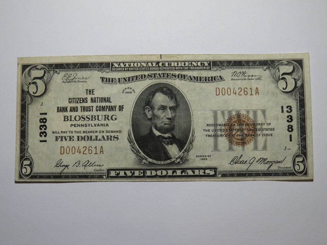 $5 1929 Blossburg Pennsylvania PA National Currency Bank Note Bill Ch. #13381 VF