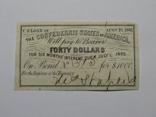 Load image into Gallery viewer, $40 1861 Confederate Bond Coupon Certificate Currency Bank Note Bill UNC