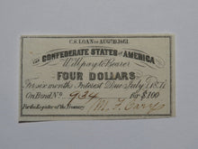 Load image into Gallery viewer, $4 1861 Confederate Bond Coupon Certificate Currency Bank Note Bill UNC