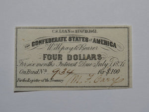 $4 1861 Confederate Bond Coupon Certificate Currency Bank Note Bill UNC