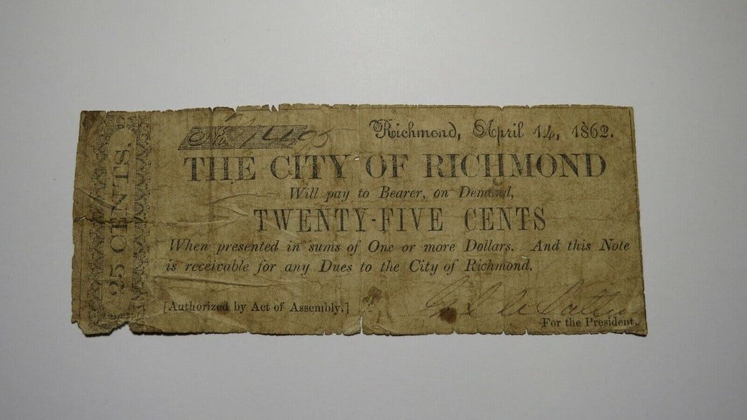 $.25 1862 Richmond Virginia Obsolete Currency Bank Note Bill! State of VA! RARE