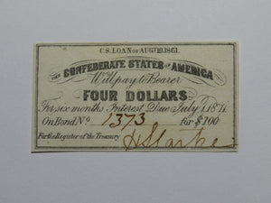 $4 1861 Confederate Bond Coupon Certificate Currency Bank Note Bill UNC