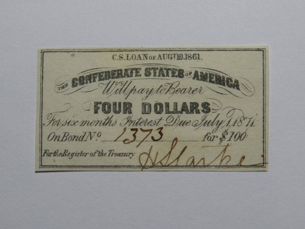 $4 1861 Confederate Bond Coupon Certificate Currency Bank Note Bill UNC