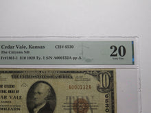 Load image into Gallery viewer, $10 1929 Cedar Vale Kansas KS National Currency Bank Note Bill Ch. #6530 VF20