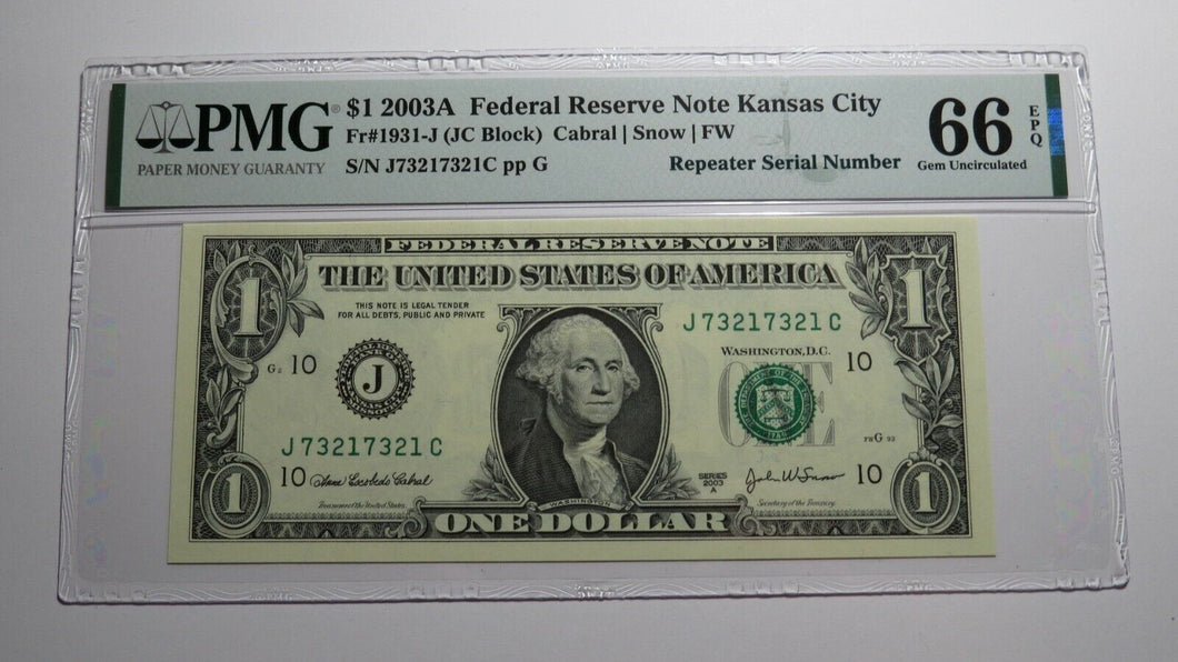 $1 2003A Repeater Serial Number Federal Reserve Currency Bank Note Bill UNC66EPQ