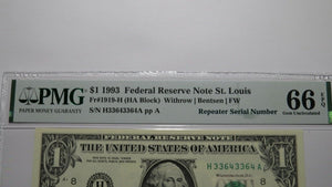 $1 1993 Repeater Serial Number Federal Reserve Currency Bank Note Bill UNC66EPQ