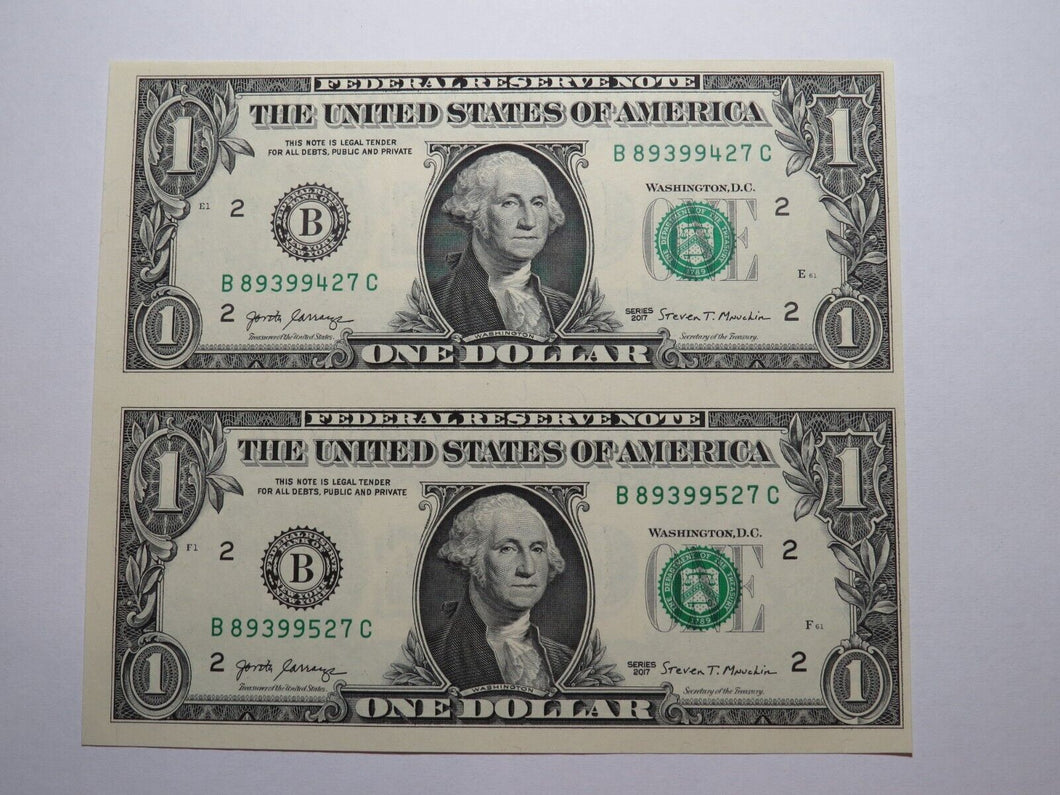 $1 2017 Uncut New York BEP Uncirculated Currency Sheet 2 Federal Reserve Notes
