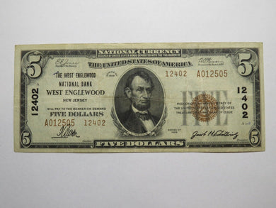 $5 1929 West Englewood New Jersey National Currency Bank Note Bill #12402 VF+