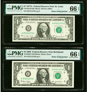 2 $1 1977 & 2003 Matching Radar Serial Numbers Federal Reserve Bank Note Bills 