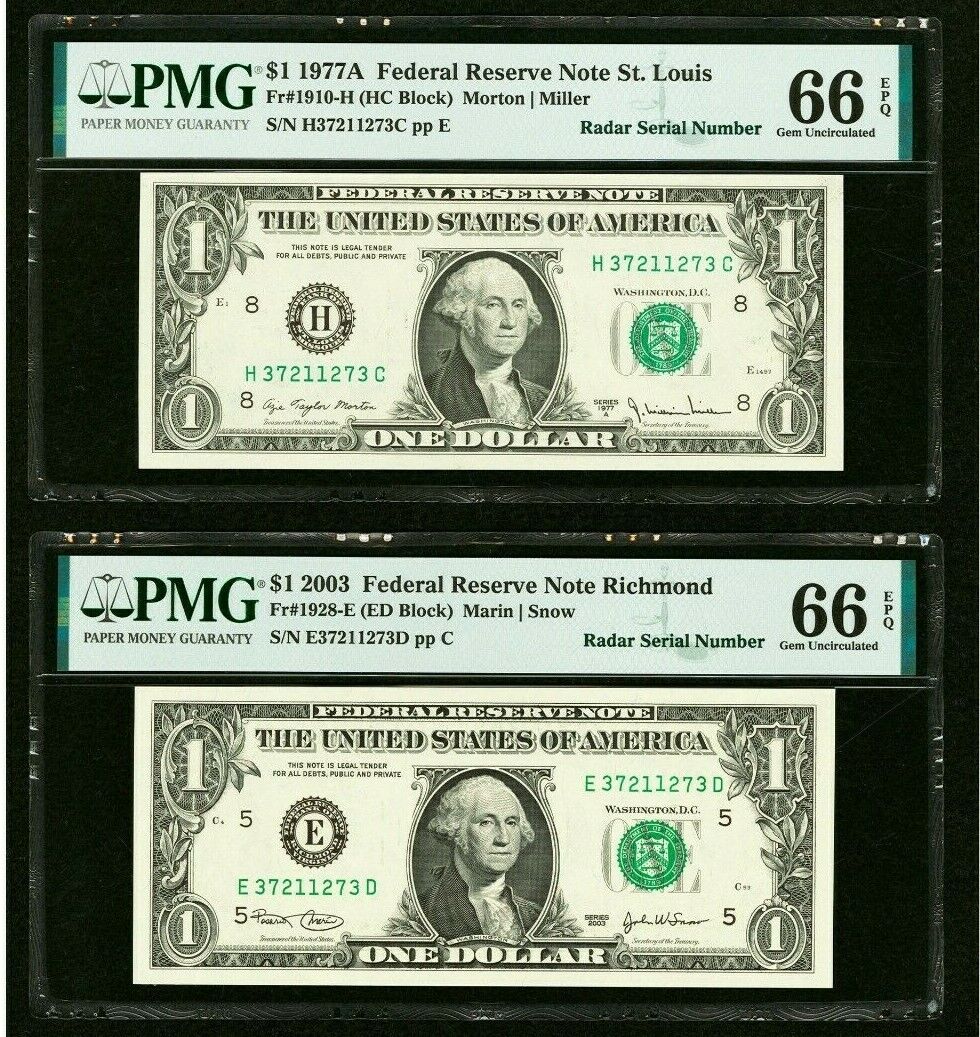 2 $1 1977 & 2003 Matching Radar Serial Numbers Federal Reserve Bank Note Bills 
