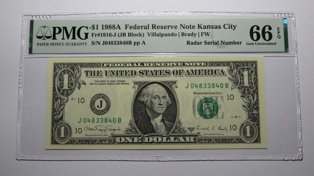 $1 1988 Radar Serial Number Federal Reserve Currency Bank Note Bill PMG UNC66EPQ