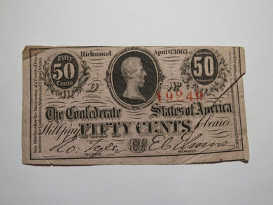 $.50 1863 Richmond Virginia VA Confederate Currency Bank Note Bill RARE T63