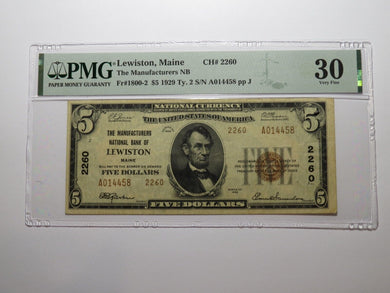 $5 1929 Lewiston Maine National Currency Bank Note Bill Charter #2260 VF30 PMG