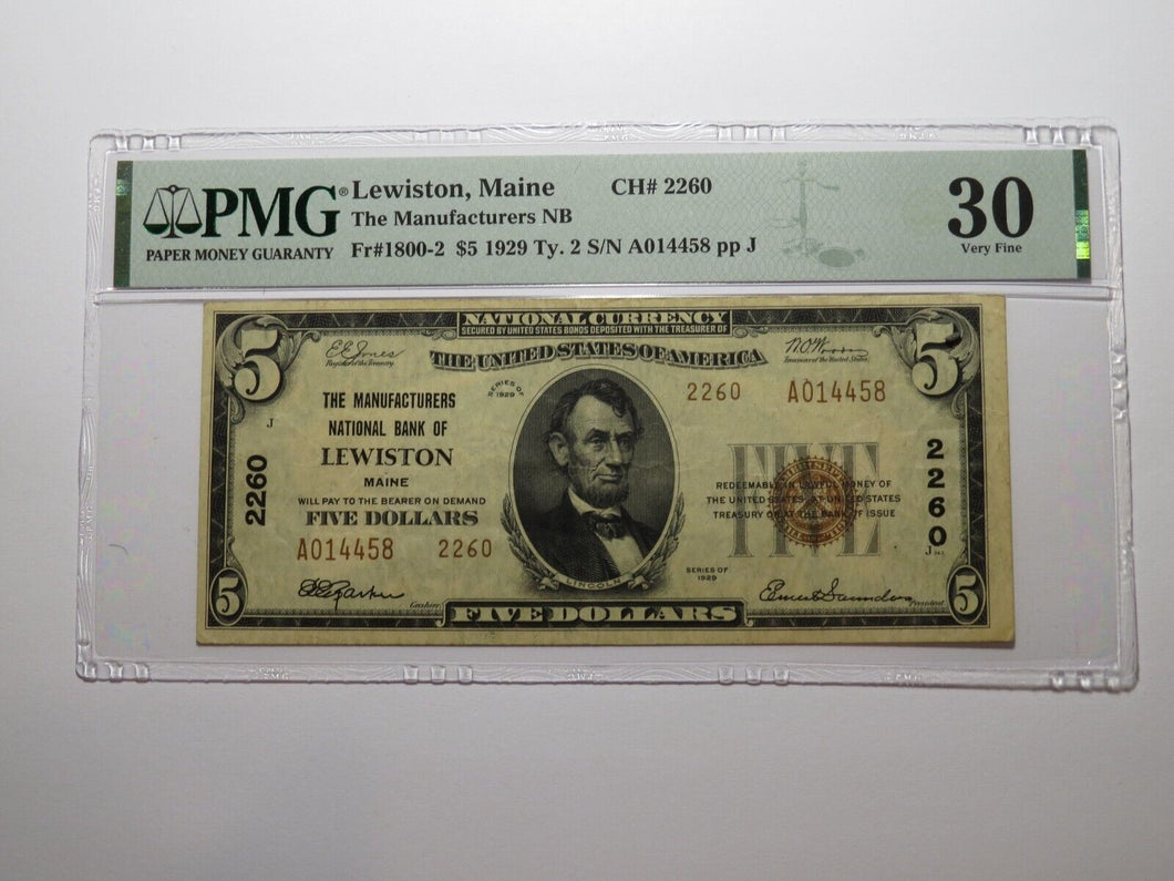 $5 1929 Lewiston Maine National Currency Bank Note Bill Charter #2260 VF30 PMG