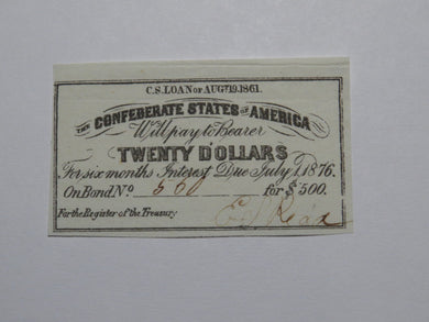 $20 1861 Confederate Bond Coupon Certificate Currency Bank Note Bill UNC