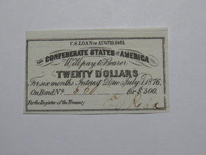 $20 1861 Confederate Bond Coupon Certificate Currency Bank Note Bill UNC
