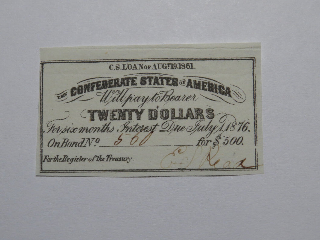 $20 1861 Confederate Bond Coupon Certificate Currency Bank Note Bill UNC