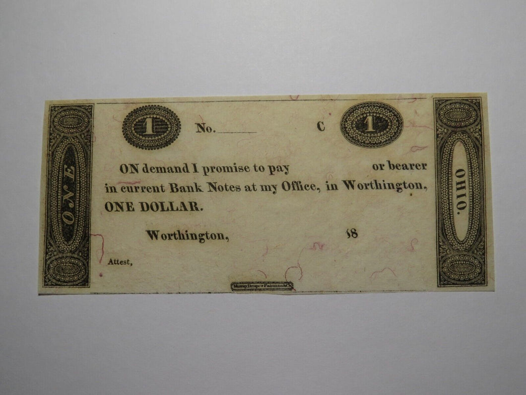 $1 18__ Worthington Ohio OH Obsolete Currency Bank Note Erza Griswold UNC++