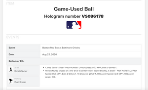 2020 Renato Nunez Baltimore Orioles Game Used Single Baseball! 1B Hit! Brasier