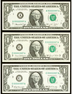 3 $1 1969 & 1974 Matching Very Low Serial Numbers Federal Reserve Bank Notes