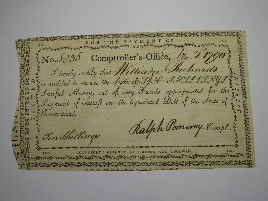 1790 10 Shillings Connecticut Comptroller Colonial Currency Note! Ralph Pomeroy