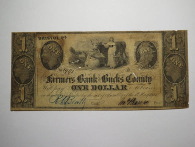 $1 1841 Bristol Pennsylvania PA Obsolete Currency Bank Note Bill Bucks County!