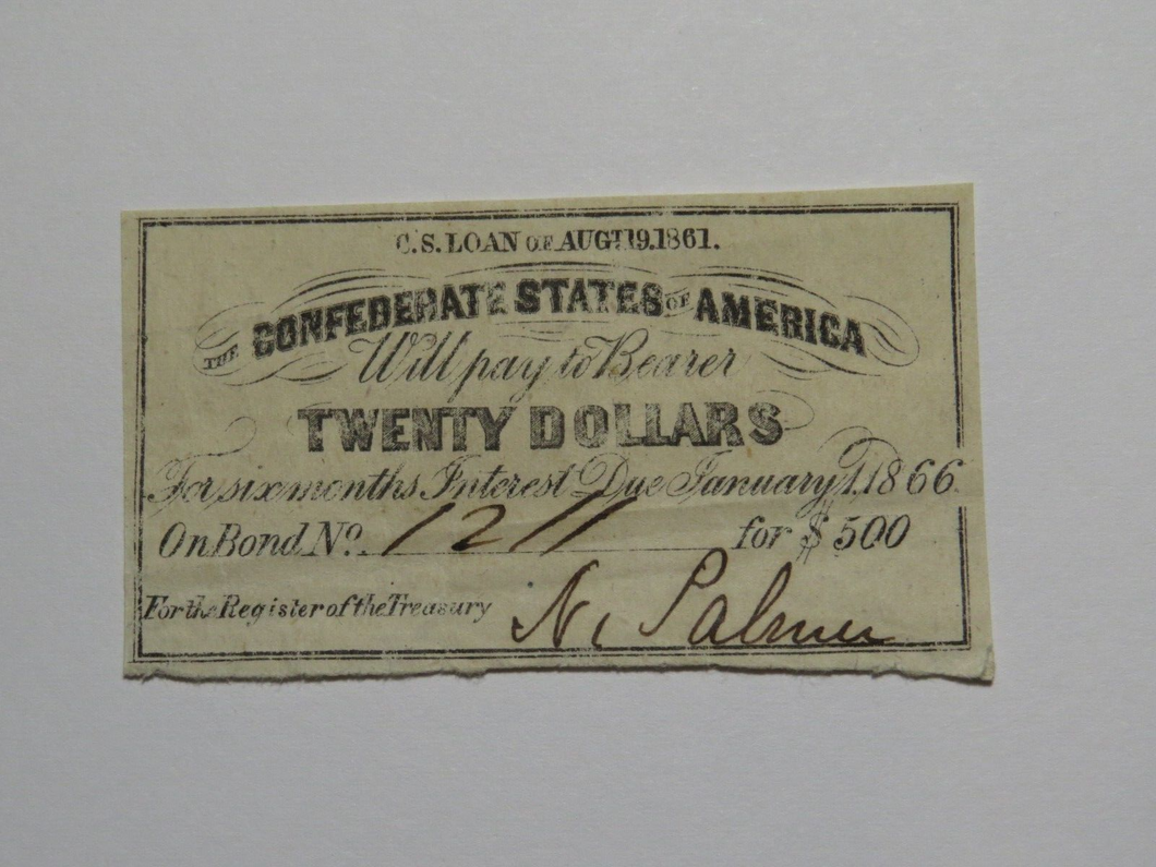 $20 1861 Confederate Bond Coupon Certificate Currency Bank Note Bill UNC