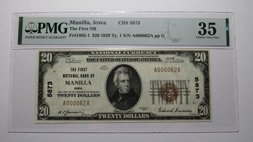 $20 1929 Manilla Iowa IA National Currency Bank Note Bill Ch. #5873 VF35 PMG