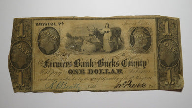 $1 1841 Bristol Pennsylvania PA Obsolete Currency Bank Note Bill Bucks County