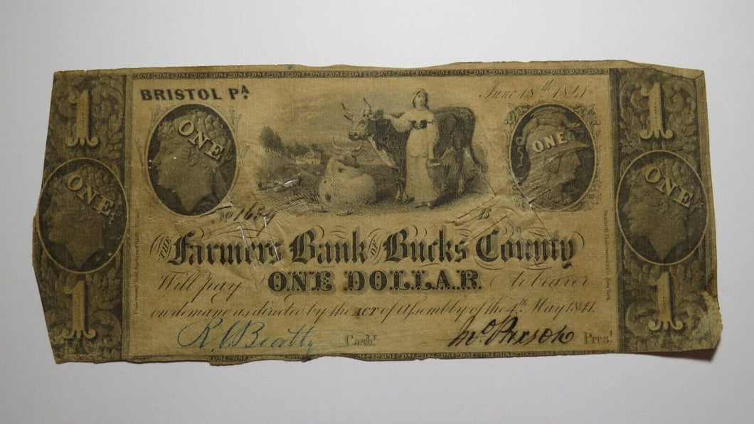 $1 1841 Bristol Pennsylvania PA Obsolete Currency Bank Note Bill Bucks County