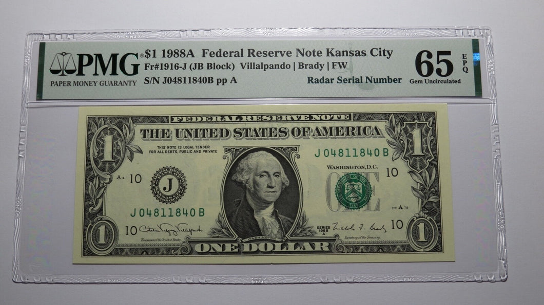 $1 1988 Radar Serial Number Federal Reserve Currency Bank Note Bill PMG UNC65EPQ