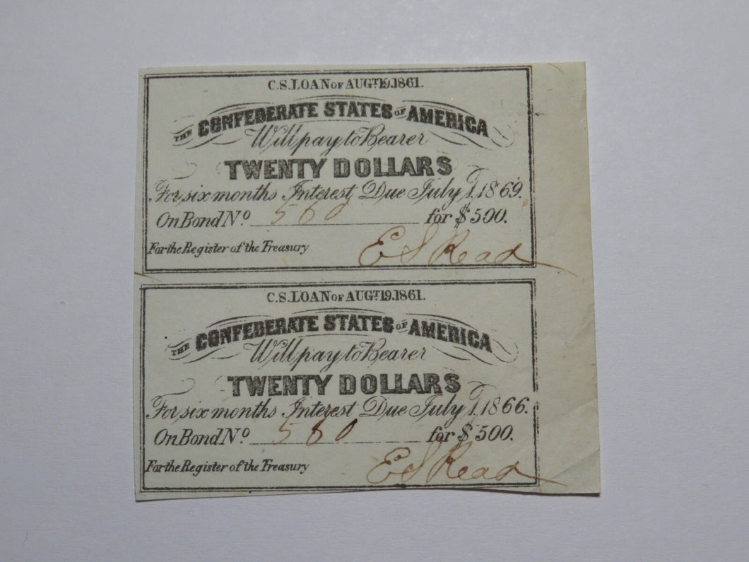 $20 1861 Confederate Bond Coupon Certificate Uncut Sheet Currency Bank Note Bill