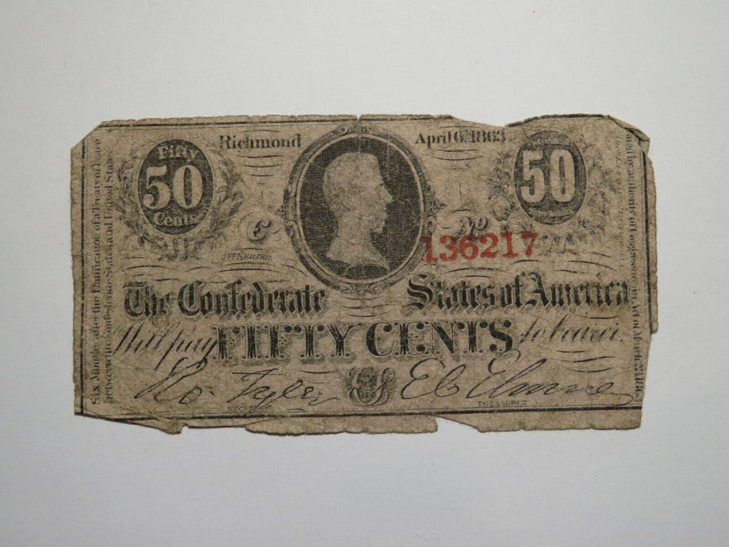 $.50 1863 Richmond Virginia VA Confederate Currency Bank Note Bill RARE T63