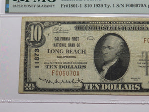 $10 1929 Long Beach California National Currency Bank Note Bill Ch. #11873 VF20